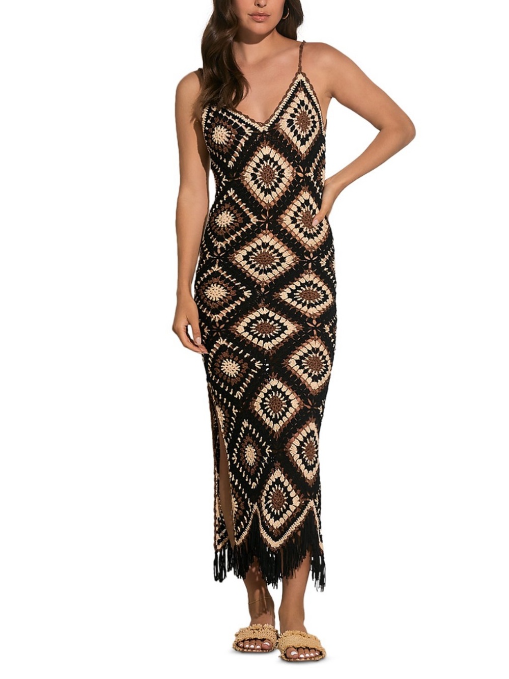 Elan Black and Cream Crochet Maxi Dress with Brown Accents - Picture 9 of 9